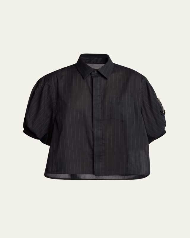 Hybrid Pinstripe Puff-Sleeve Blouse